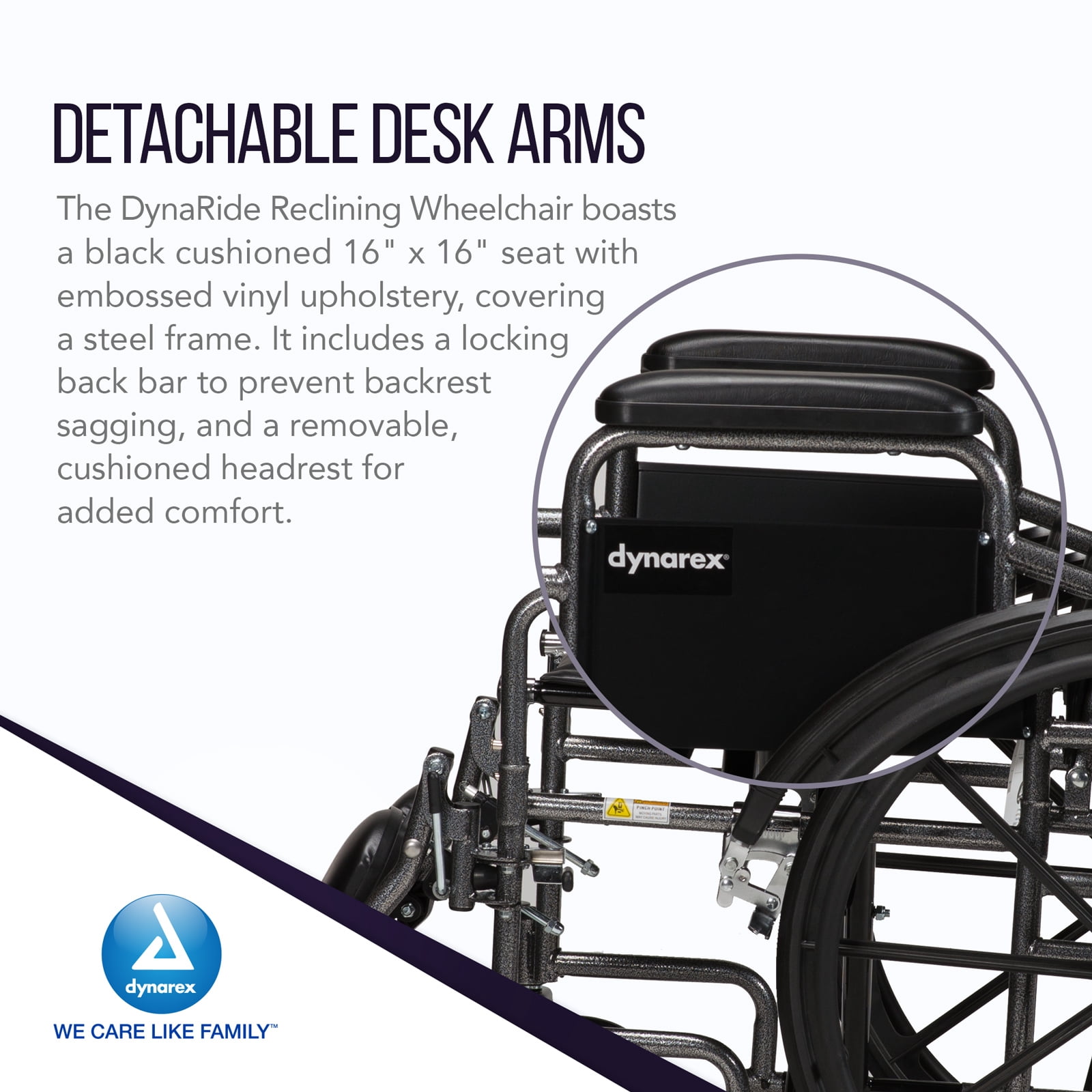 Dynarex DynaRide Reclining Wheelchair - Detachable Desk Arms & Elevating Leg Rests, Weight Capacity 350 lbs., 22" x 18" Seat, Silver Vein Frame - 1 Wheelchair