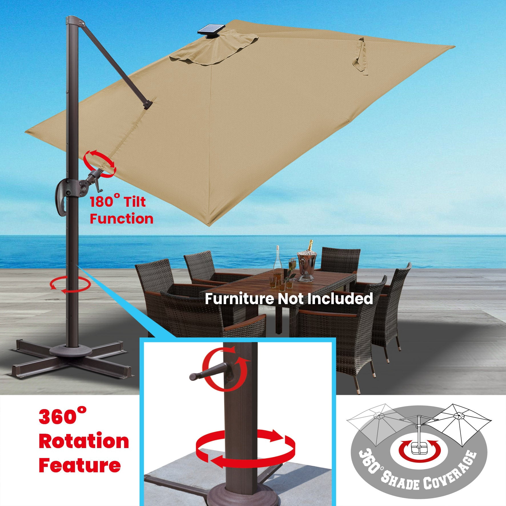 SUNRISEUMBRELLA Square 10'x10' Deluxe Roma square cantilever umbrella, With LED light(Heather Beige)