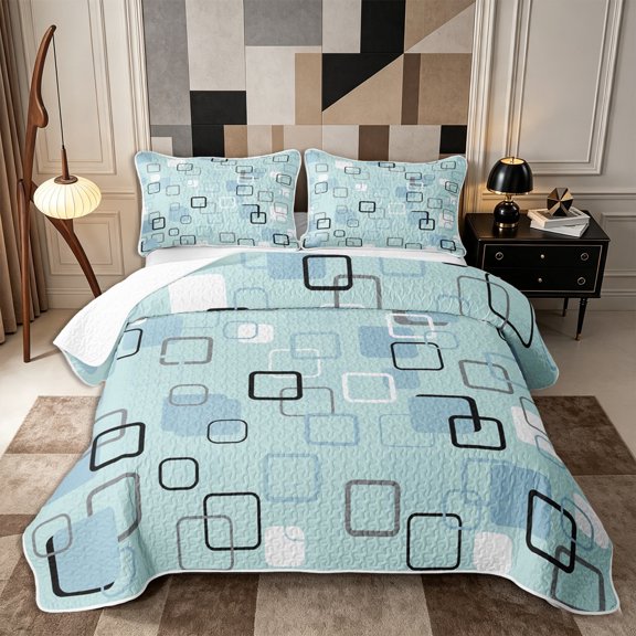 Castle Fairy Abstract Square Twin Quilt Set 2 Pieces,Minimalism Frame Shape Twin Coverlet Set,Sky Blue Pale Cyan,1 Bedspread and 1 Pillowcase