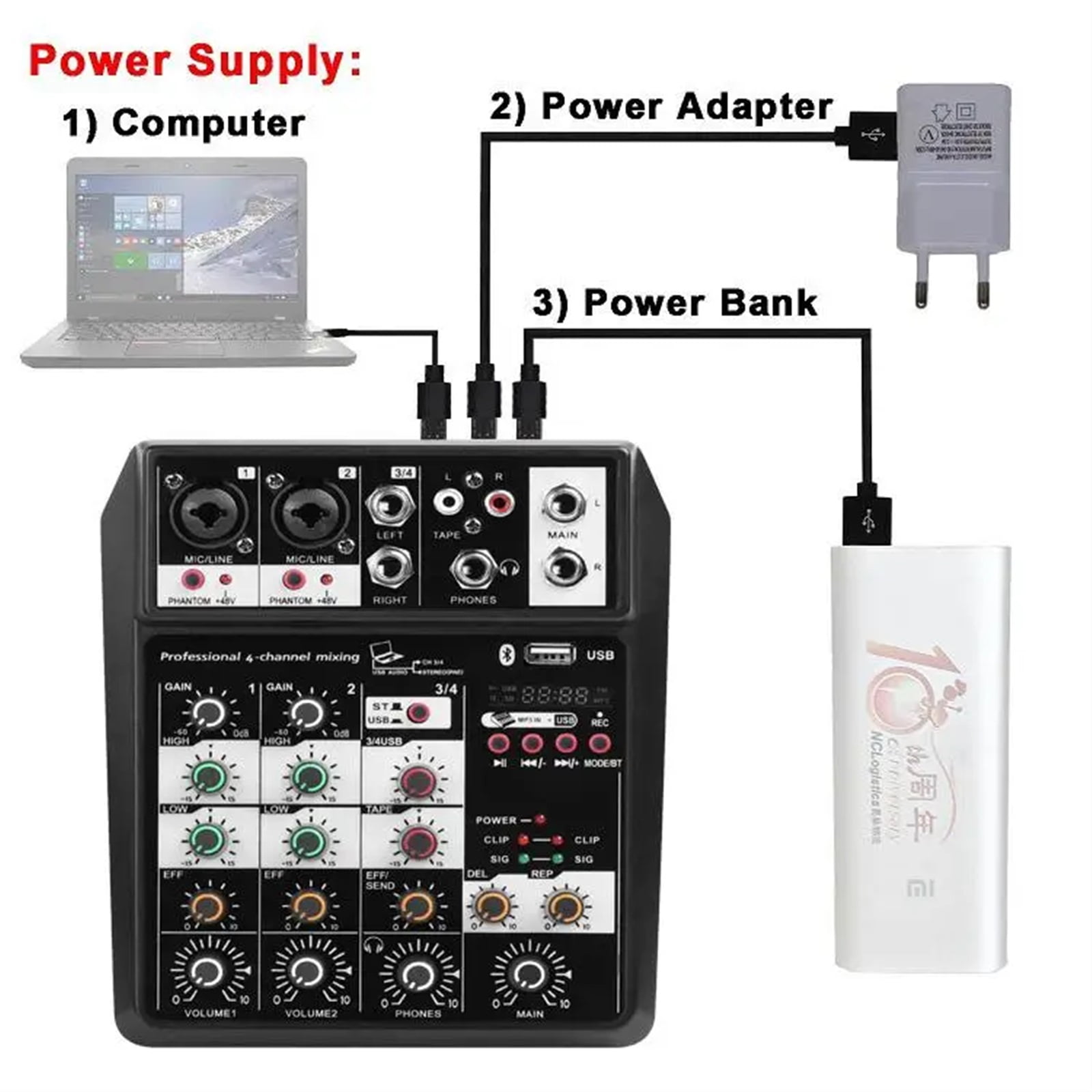 Wireless 4-channel Audio Mixer Console Portable Microphone Sound Mixing Console USB Interface Dj Mixer ,Precision Control