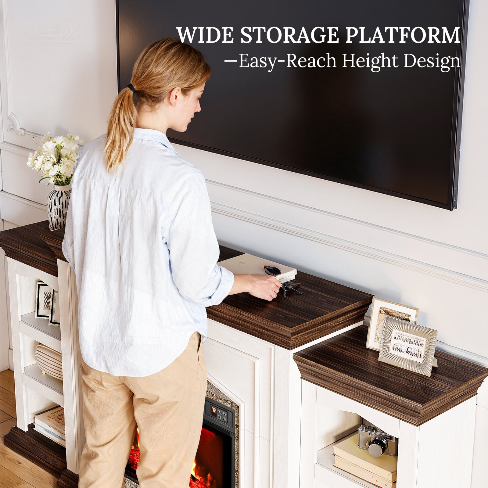 LGHM 80" Fireplace TV Stand with Storage & Bookshelves, Electric Fireplace with Mantel, Farmhouse Entertainment Center for TVs up to 90" with Remote Control, White & Brown