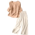 thumbnail image 5 of Womens 2 Piece Linen Suits 2026 Summer Plus Size 3/4 Sleeve Embroidered Tops Wide Leg Pants Casual Boho Beach Cute Outfits, 5 of 6