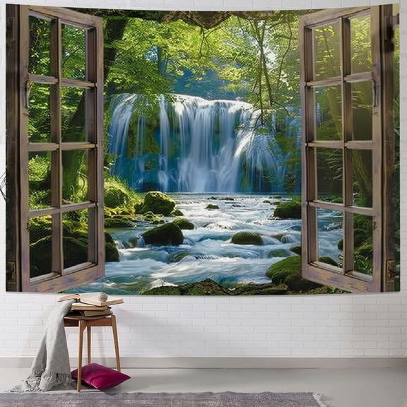 PRATYUS Waterfall Tapestry 3D Forest Green Tree Stone Rainforest River Jungle Landscape Spring Nature Scene Through Wooden Windows Home Decor Wall Hanging Art for Living Room Bedroom Dorm Painting