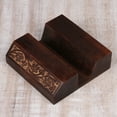 thumbnail image 2 of NOVICA Artisan Handcarved Wood Mobile Device Stand with Floral Motif Brown India Decor Accessories Office [1.5in H x 5in W x 5in D] ' Desk Garden', 2 of 6