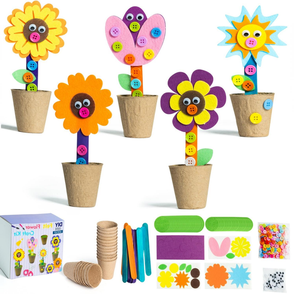 Laffact DIY Felt Flower Craft Kit for Mother’s Day, Standing Flowers Crafts with Paper Pot, Home Decoration & School Fun Activities,24pack