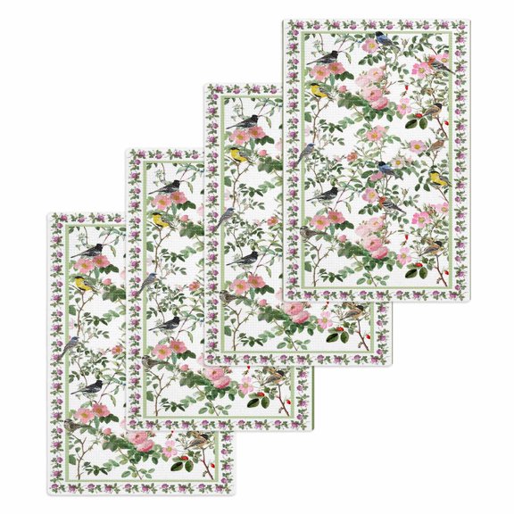 Pink Spring Floral Kitchen Dish Towels for Drying Dishes Set of 4, Elegant Pastoral Flowers Birds Watercolor Waffle Weave Microfiber Hand Tea Bathroom Towels Quick Dry & Absorbent Towel 15.7x23.6