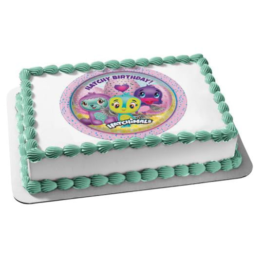 Hatchy Birthday Hatchimals Hearts Purple Background Edible Cake