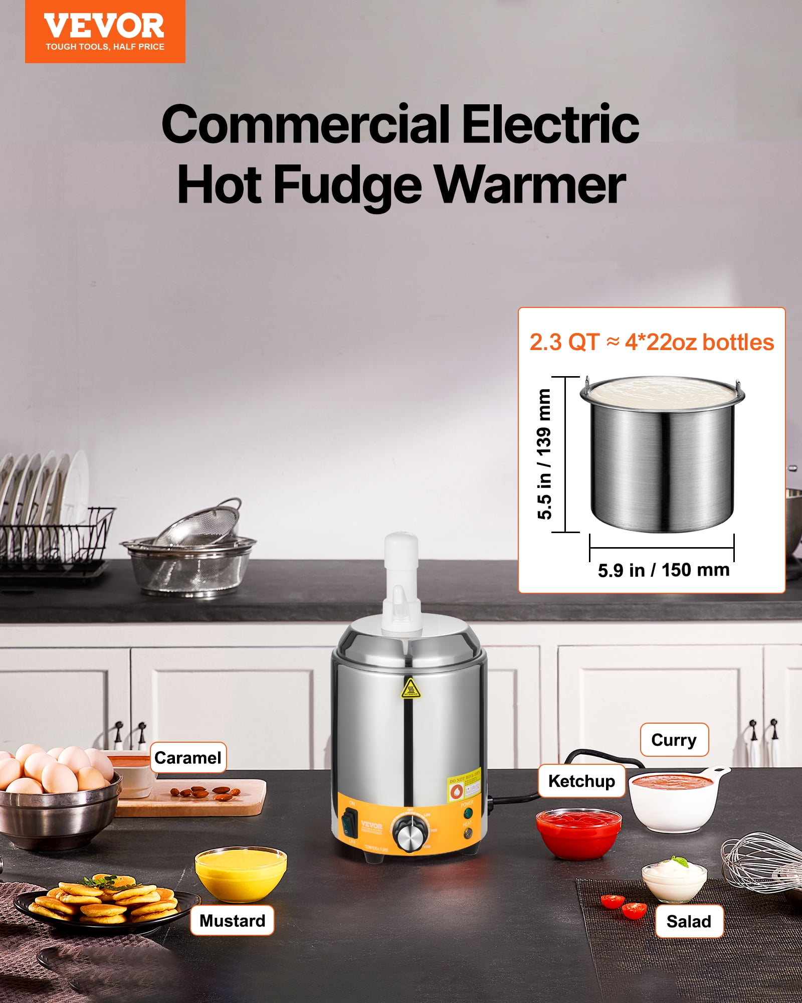 VEVOR Electric Cheese Dispenser with Pump, 2.4L Commercial Hot Fudge Warmer, Plastic Pump Dispenser, 86-230℉ Temp Adjustable Nacho Cheese Sauce Warmer, for Hot Fudge Cheese Caramel