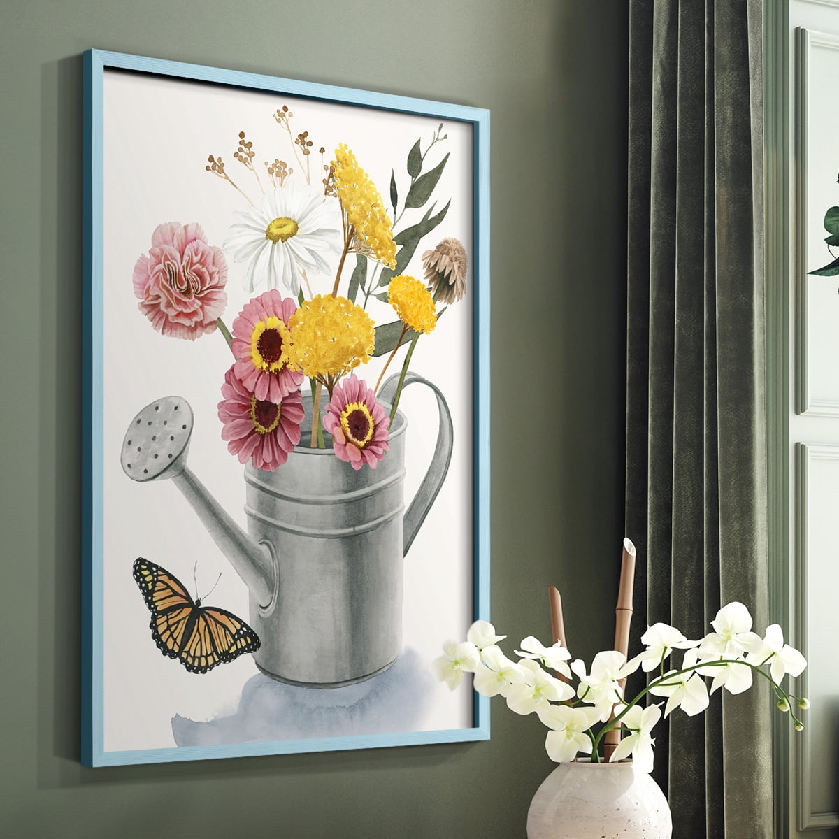 Watering Can Bouquet I Framed Print in Blue Solid Wood 11 x 14 Framed Print