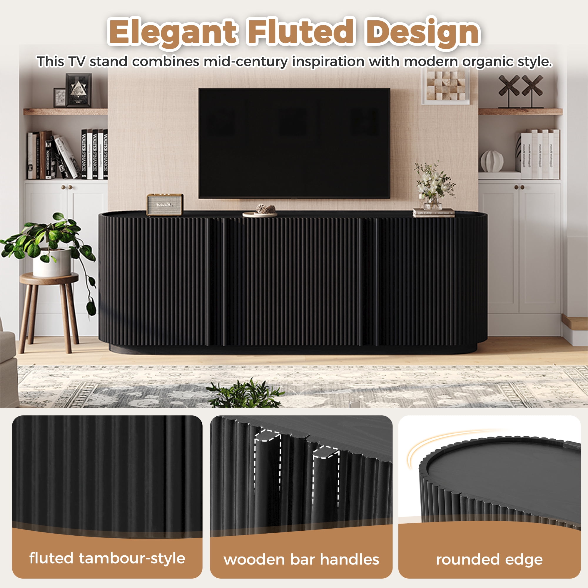 TV Stand with Fluted Tambour-Style Door and Adjustable Shelves, Mid Century Media Console and Entertainment Center for TVs up to 70 Inch, Black