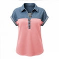thumbnail image 5 of ClodeEU Women's Patchwork Faux Denim Print Short Sleeve Notch Collar Shirt ,Casual Fashion Blouse Pink,Womens Plus XXXXL, 5 of 5