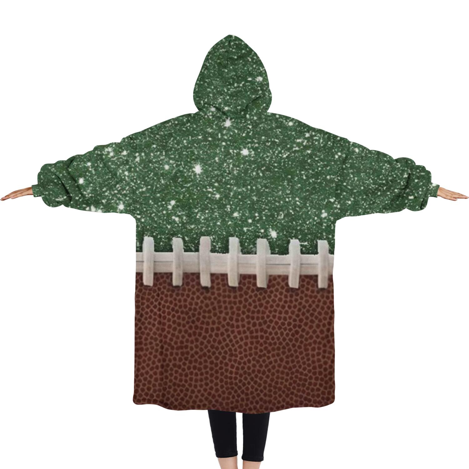 Oversized Wearable Blanket Hoodie,Green and Brown Football Stitch Pattern Sherpa Blanket Hoodie with Super Pockets,Super Warm Fuzzy Pullover for Women & Men