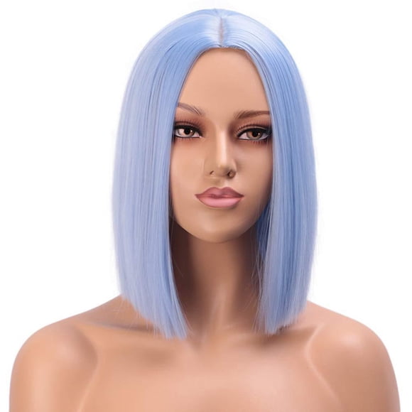 European And Women's Short Hair Wig Light Blue Face Shaping Head Middle Parting Wig Short Straight Hair Lanse Gradient Wig 12in