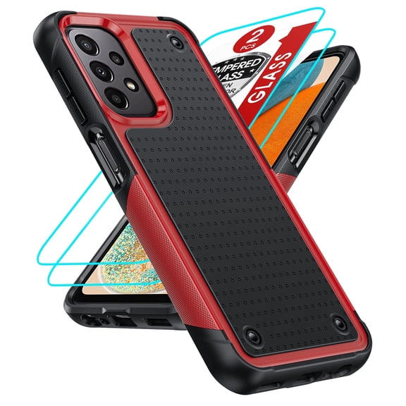 LEYI for Samsung Galaxy A13/ A32/ A23 5G 4G Case, Samsung A04S Case with 2 Pack Tempered Glass Screen Protectors, Heavy Duty Hard PC Textured Back Case for Samsung A13 5G 4G/ A32/ A23/ A04S, Red