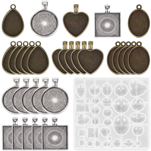 Moldes de resina de silicona para hacer joyas, moldes de resina epoxi, moldes de resina epoxi con 30 piezas de bandejas para colgantes, manualidades de bricolaje que incluyen cuadrado, redondo,