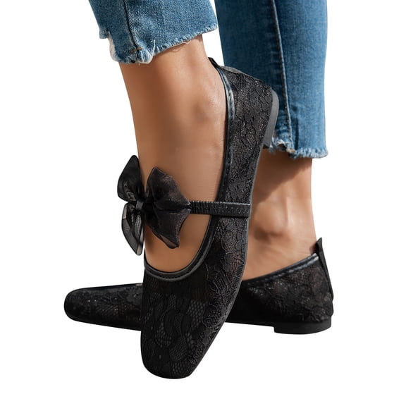 Square Toe Lace Flats Women's Breathable Comfortable Ballet Shoes Lightweight Casual Fashion Elegant Wedding Daily Wear Flat Heel Shoes,Black 41