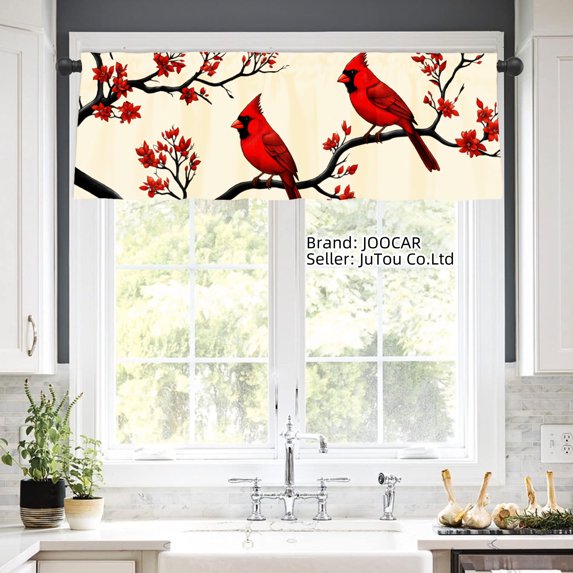 JOOCAR Road Pocket Polyester Window Valance Curtain with Red Cardinals and Blossom Design for Indoor Living Room Bedroom Kitchen Decoration 54x18 inch