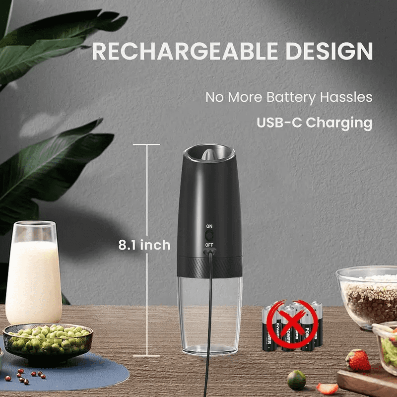 Rechargeable Electric Pepper Mill and Salt Grinder Set - 2-Pack Adjustable Coarseness, ABS Material, Black for Kitchen & Cooking