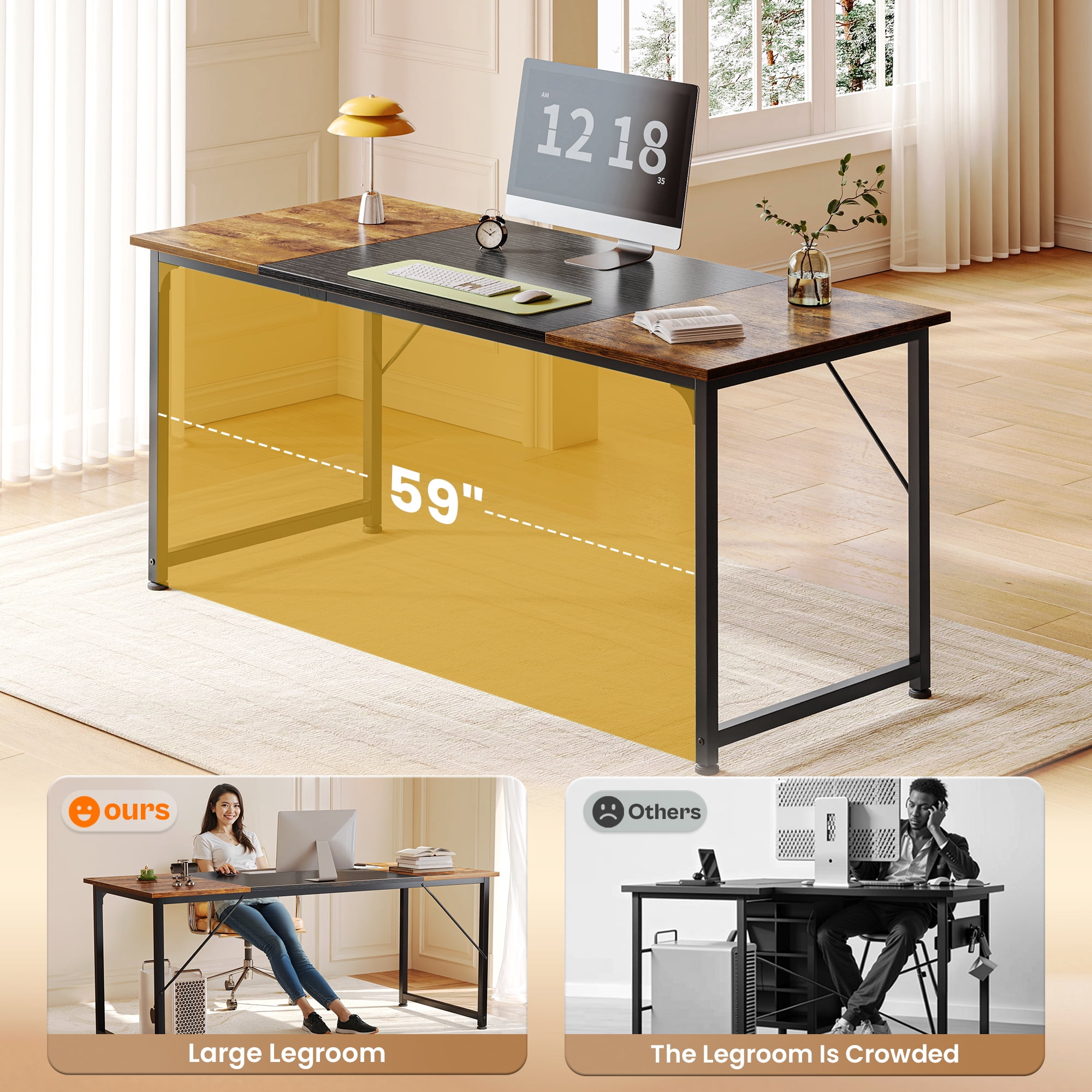 63" Computer Desk, Modern Office, Study & Gaming Desk with Storage, Large Legroom, Sturdy Metal Frame