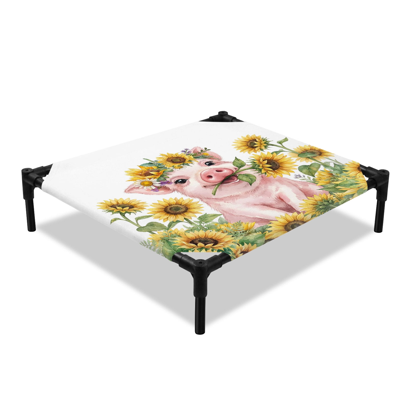 Sunflower Pig Elevated Dog Bed Country Oil Painting Yellow Floral Pig Cooling Breathable Outdoor Raised Dog Cot Bed with Metal Frame Non-Slip Feet for Small Dog 20x20in
