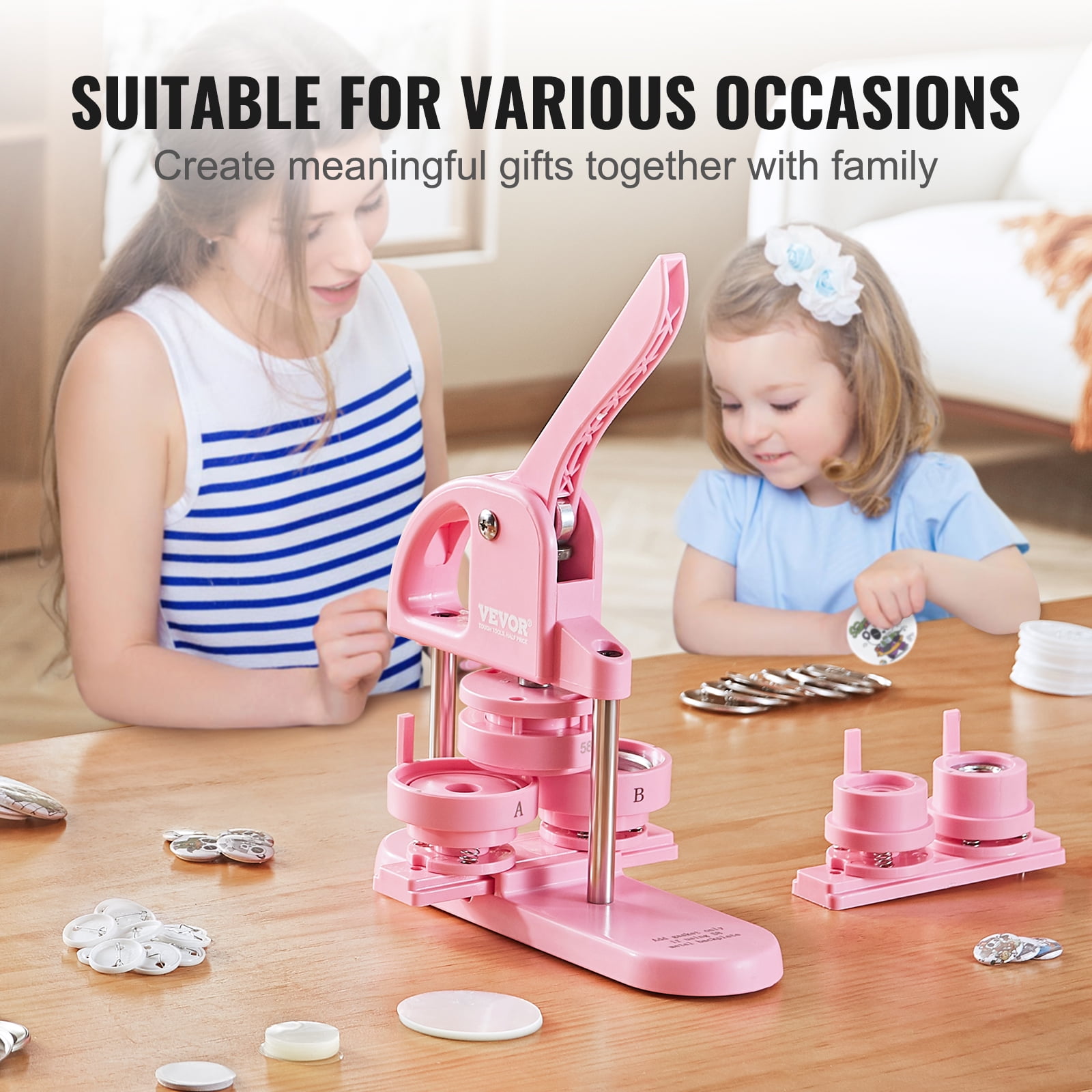 VEVOR 3-IN-1 Button Maker, 1/1.25/2.28 inch(25/32/58mm) Pin Maker, 300pcs Button Parts,Button Maker Machine with Panda Magic Book, Ergonomic Arc Handle Punch Press Kit, For Children DIY Gifts,Pink