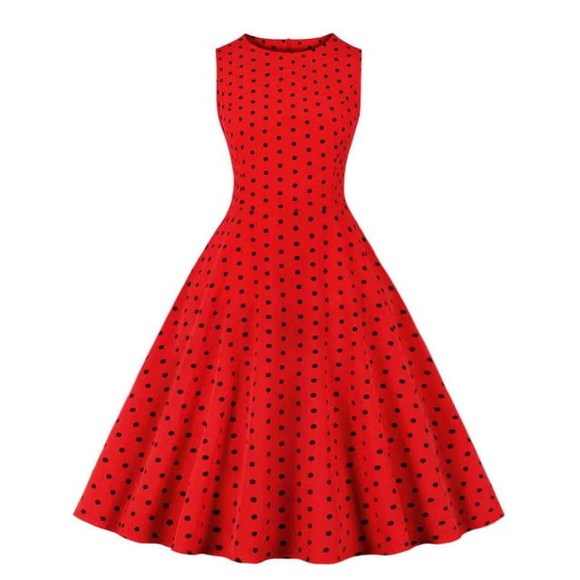 Ounisa Robe à Pois pour Femmes Vintage Années 50 Sans Manches à Col Rond Ligne A Robe de Cocktail Thé Fête Bal Pin-Up Robe de Retour à la Maison