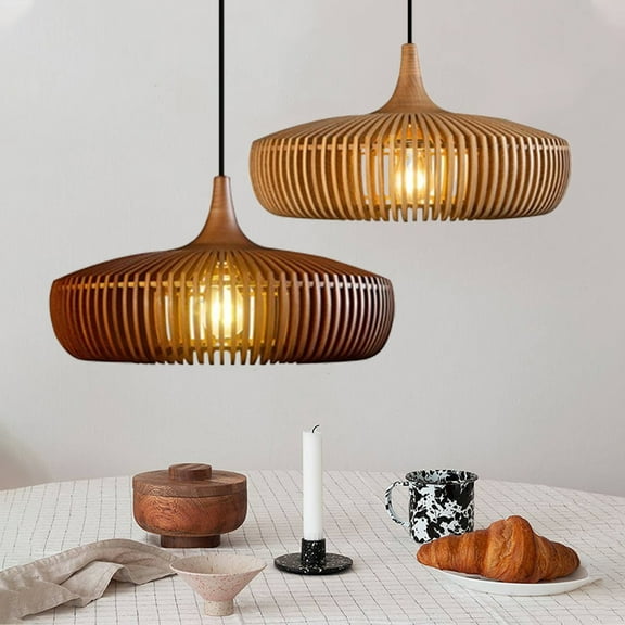 UEEYAC Restaurant Lamp Japanese Simple Wooden Pendant Light Retro Walnut Wood Chandelier