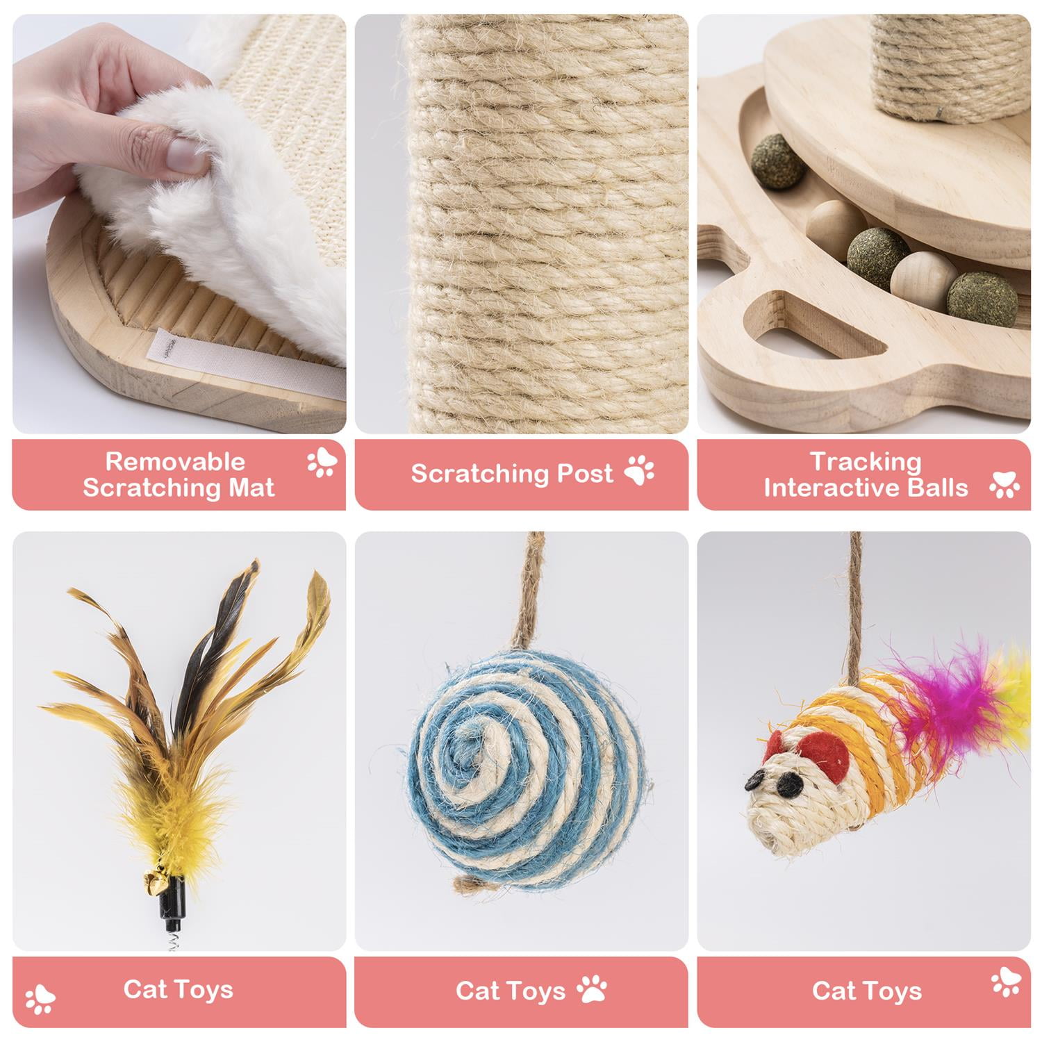 Pefilos 21 Inch Pets Cat Scratching Post Cat Scratcher Toy with Feather Stick and Mat Wooden 1-Layer Cat Turntable with 5 Interactive Balls and Dangling Ball Cat Toy, Beige Pefilos 21 Inch Pets Cat Scratching Post Cat Scratcher Toy with Feather Stick and Mat Wooden 1-Layer Cat Turntable with 5 Interactive Balls and Dangling Ball Cat Toy, Beige