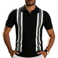 thumbnail image 3 of Men's Knit Horizontal Striped Short Sleeve Open V-Neck Collared Polo Shirt, Casual Slim Fit Top, Breathable Knitwear for Smart Casual Style and Everyday Wear Black M, 3 of 4