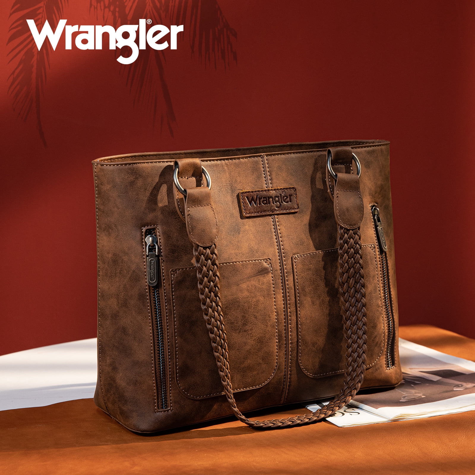 Wrangler Distressed Tote Bag for Women Western Purse Multi Pockets Handbags and Shoulder Bag, Braided-coffee Bean