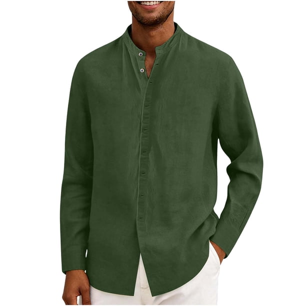 Ceisia Men's Relaxed Fit Linen Blend Stand Collar Shirt, Solid Color Long Sleeve Casual Button-Up Top Gifts