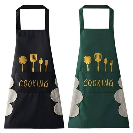 

2Pcs Household Apron with Hand Wipe Kitchen Waterproof Oilproof Apron with 2 Pockets Cooking Workwear Green+Black
