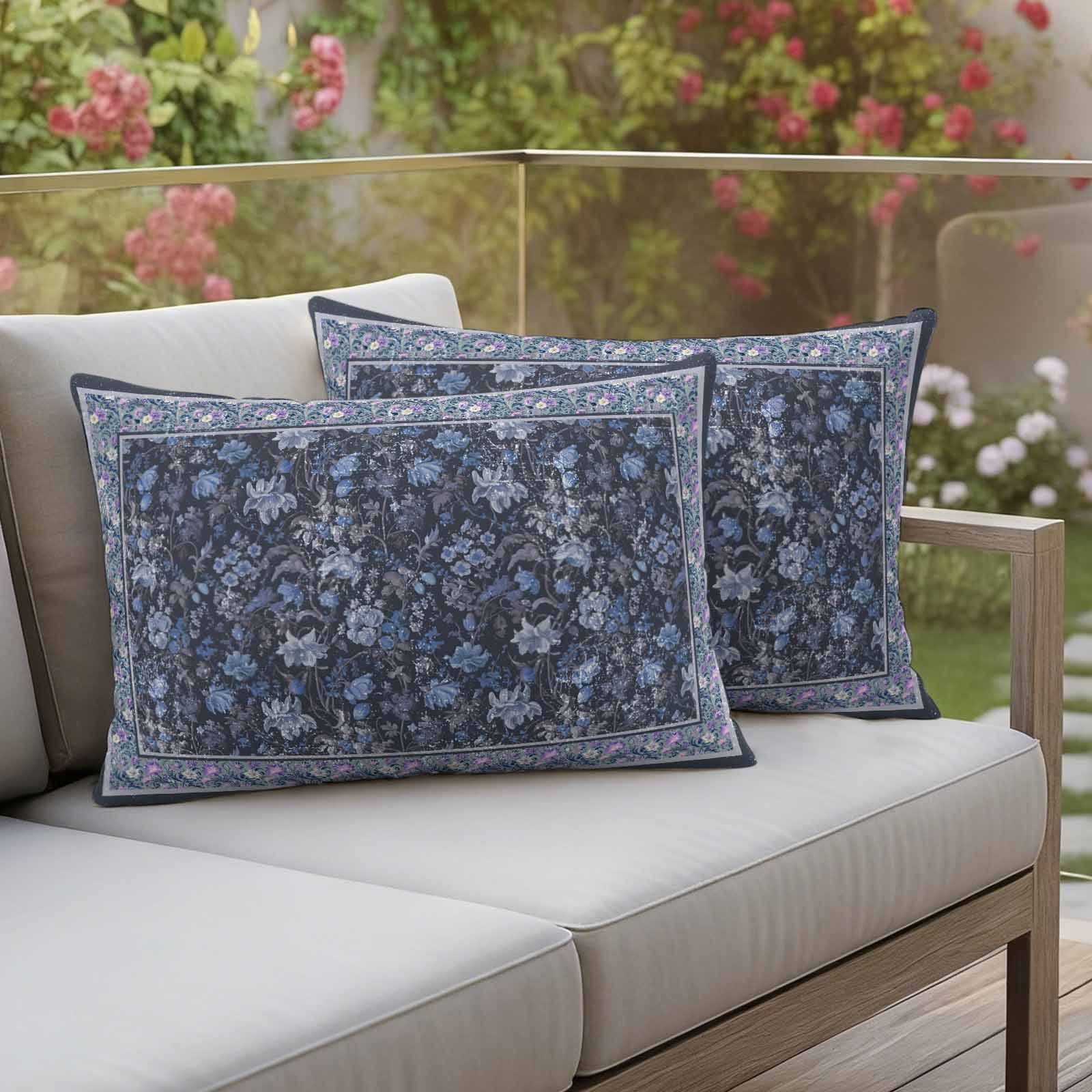 Navy Blue Floral Boho Waterproof Outdoor Throw Pillow Covers 20"x12" Pack 2, Pillow Cases Throw Cushion Cover with Zipper, Ethnic Tribe Abstract Art Flower Washable Pillowcase for Poolside Sofa