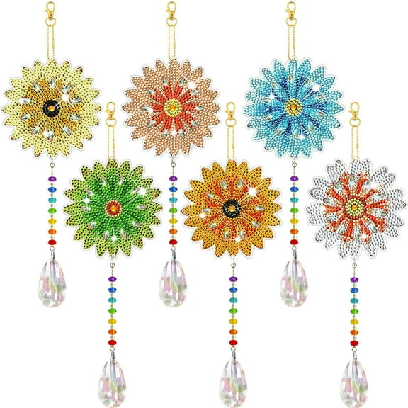 SINKOO 6 Pcs Diamond Art Kits Flower Diamond Wind Chimes Kit Art Suncatchers Double Sided flower Ornaments with Crystal Pendant for Adults DIY Summer Home Garden Hanging Ornament