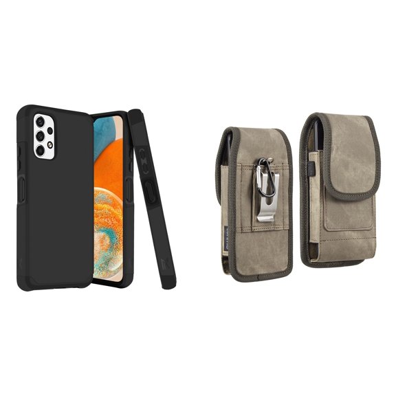 MK Armor Case for Samsung Galaxy A23 5G and Belt Holster Pouch (Black/Brown)