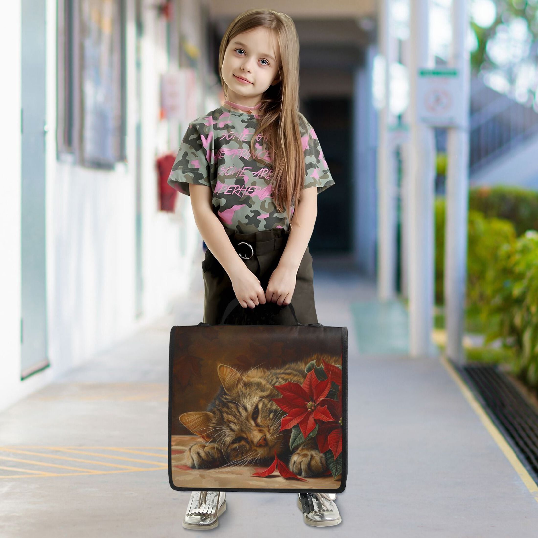 YAZAOO Zipper Binder trapper keeper Documents Organized Design Cozy Cat with Florals Printed