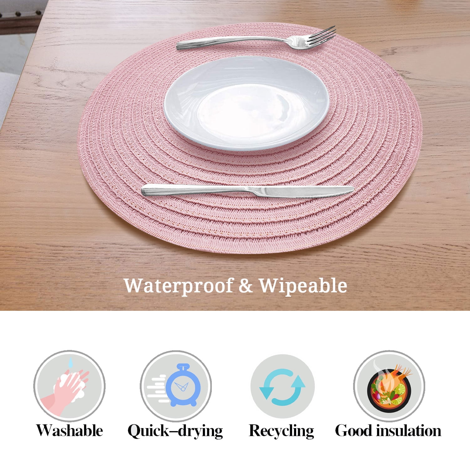 Circle Woven Table Mats Vinyl Waterproof Washable Heat Resistant Non Slip Wipeable Place Mats for Round Kitchen Table 15 inch Dark Brown Round Braided Placemats Set of 4 for Dining Table