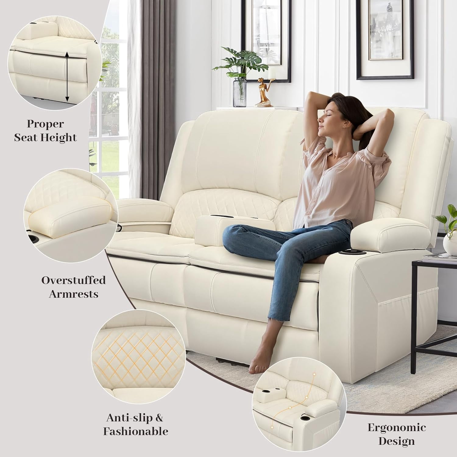 Loberfve Power Reclining Loveseat with Storage USB, Wall Hugger Recliner for Home Theater & RV, Removable Armrest, 2-Tier Cushion, White