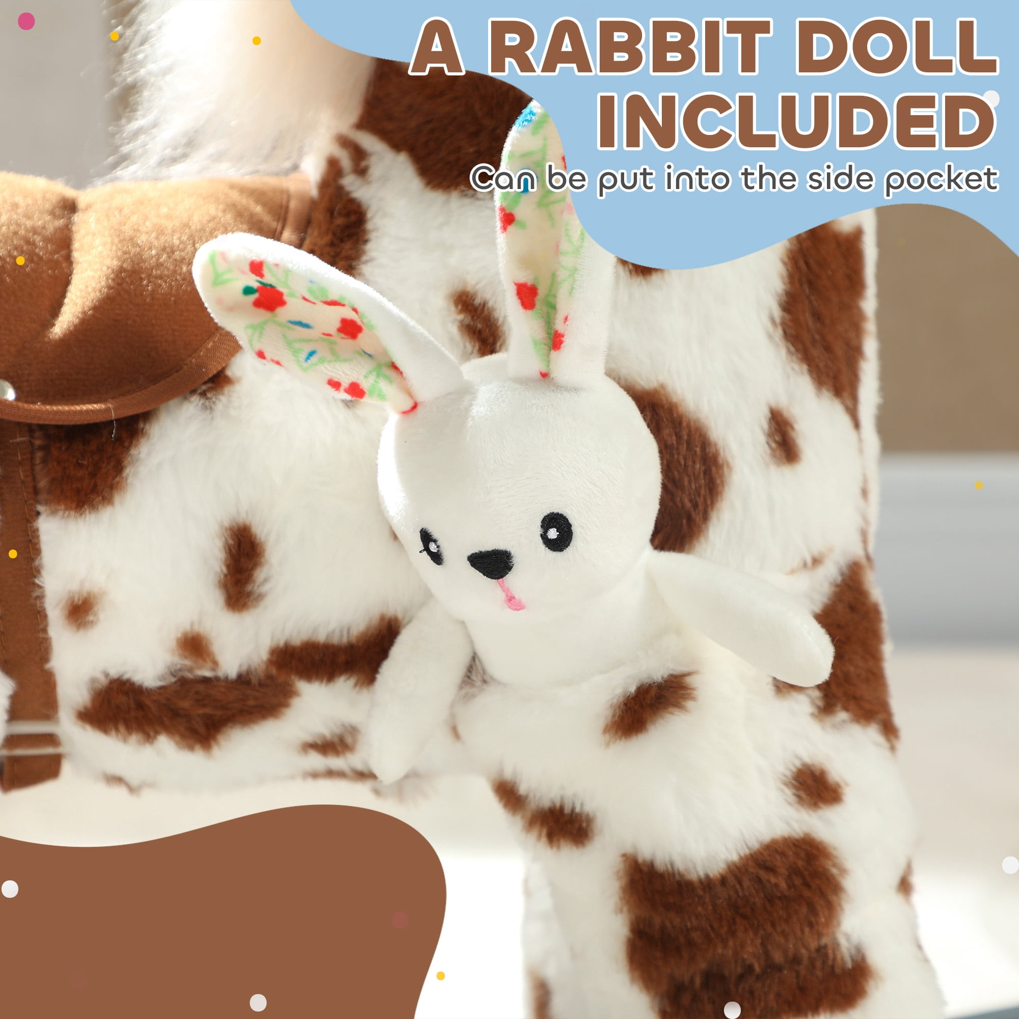 Qaba Kids Rocking Horse, Animal Rocker with Rabbit Toy and Realistic Neigh for Toddlers, Soft Filling Ride on Pony, Brown