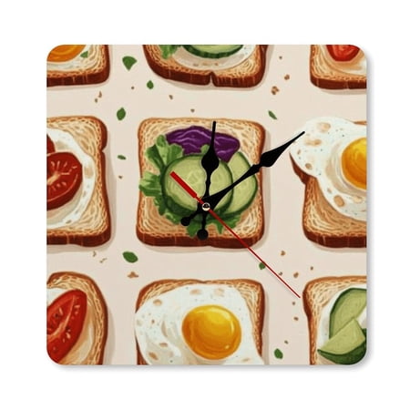 RKSupls 10×10inch Toast Breakfast Food Art Square Unmarked Wall Clock Silent Non-Ticking Home Decor for Bedroom Living Room Office Classroom Easy to Install