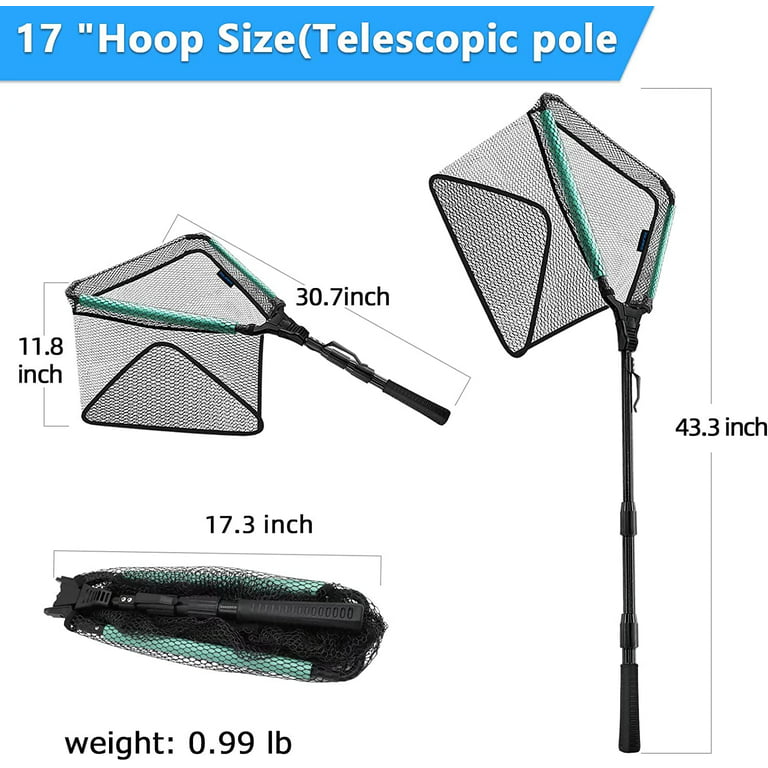 San Like Fishing Net, Folded Landing Nets with Telescopic Rod Durable Rubber Coated Net Fly Fishing Net Easy to Catch and Release Saltwater and