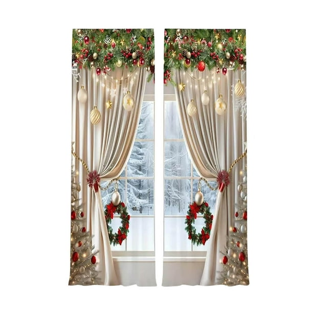 Cortina Festiva para Ventana, Diseño de Guirnalda de Esferas Navideñas, Cortina Decorativa para Exteriores con Detalle de Cinta, Tela de Poliéster Estampada para Sala, Decoración Navideña para Patio
