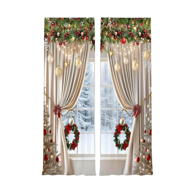 Aodebiao Rideaux Couronne Boule de Noël Rideaux Décoratifs d'Extérieur Rideaux Imprimés Robustes pour Fenêtre Porte Patio Décorations de Noël