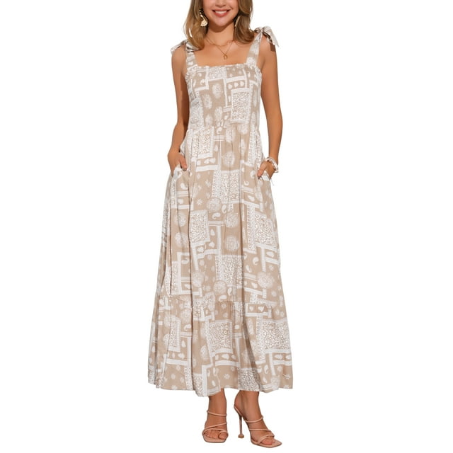 Vestido largo impreso de verano Inspire Chic para mujer, con tirantes de espagueti, escote cuadrado y corte A, talla XL, color caqui