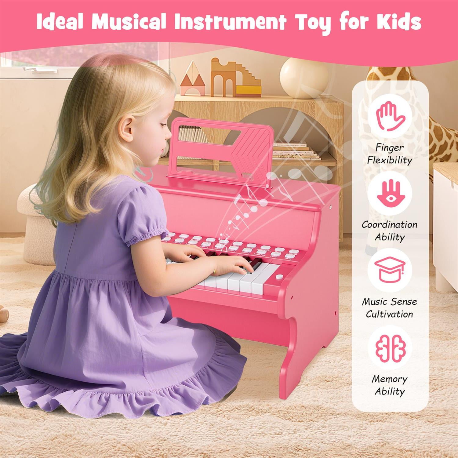 Spaco 25-Key Piano Keyboard for Music Learning, Teaching Mode & Record Function, Adjustable Speed, Pink