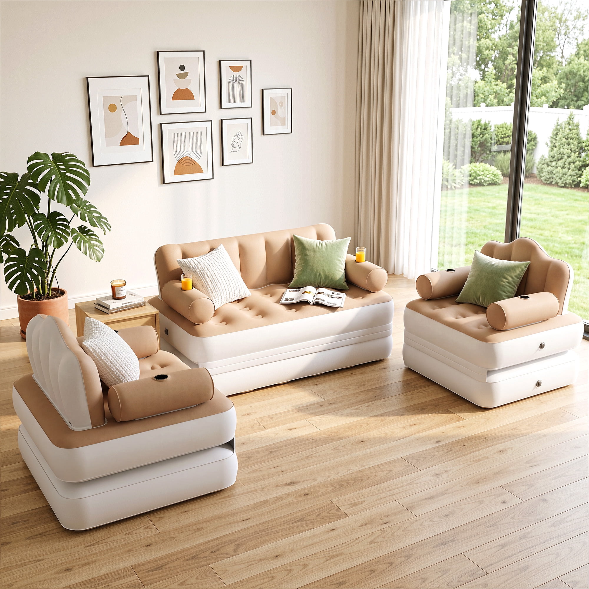 Uforic 3-Piece Air Sofa Bed Set with Pump, Queen & 2 Twin Size 2-in-1 Convertible Inflatable Sofa Bed with Headboard, Cup Holders, Carry Bag for Home Camping Guest Use, Khaki