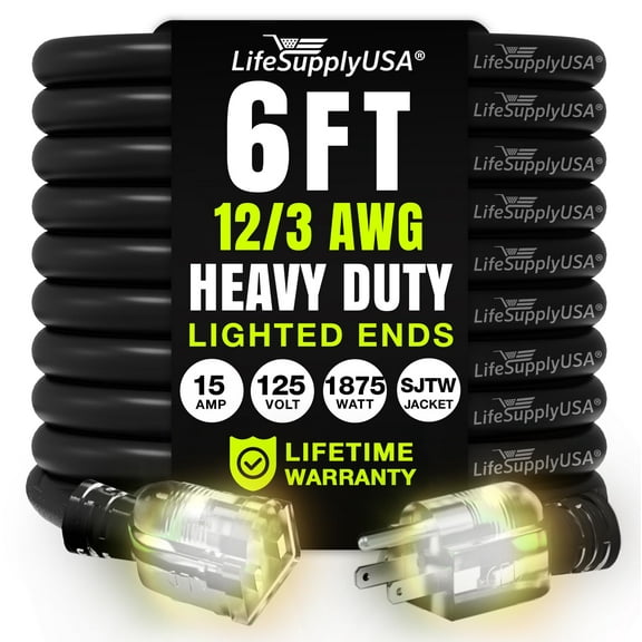 6ft Outdoor/Indoor Extension Cord 12/3 Gauge Extra Heavy Duty 3 Prong SJTW, Waterproof, Flexible Cold-Resistant Long Power Cord,15A 125V 1875W, Black by LifeSupplyUSA