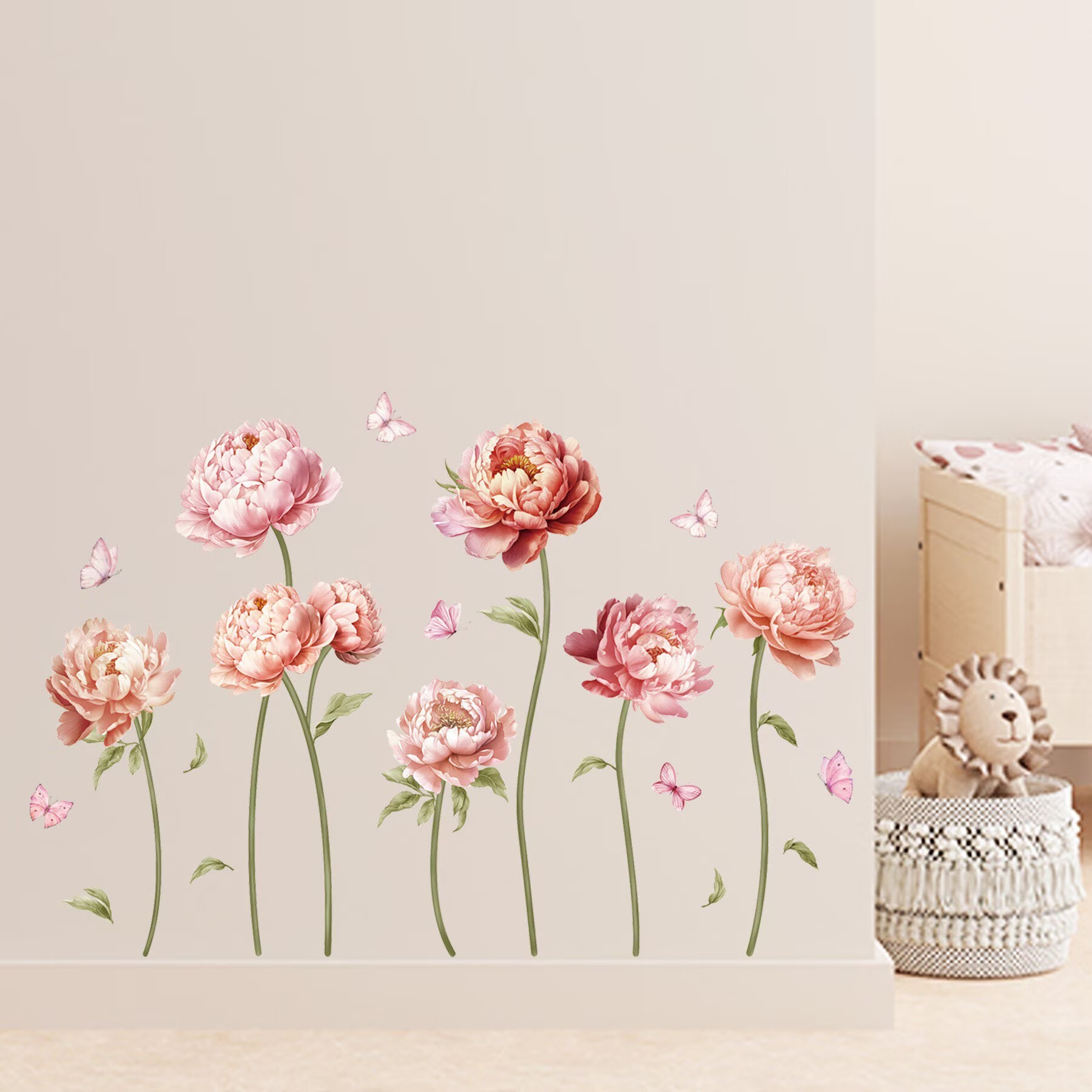 Pink Peony Rose Flower Wall Stickers Boho Floral Transparent sticker Peel and Stick Wall Art Decals for Girls Bedroom Living Room TV Wall Office Wall Decor glass decals