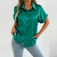 thumbnail image 5 of Olyvenn Satin Silk Button Down Shirts Women's Dress Shirts Collared Roll Up Short Sleeve Blouse Ladies Summer Office Work Tops Green XL, 5 of 6