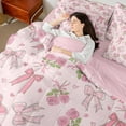 thumbnail image 4 of Castle Fairy Pink Rose Bow Girl 7 Pieces Bedding Comforter Set,Love Heart Print Full Bedding Set Lightweight,Flower Bowknot Fitted Sheet Flat Sheet,Microfiber Bedroom Decor, 4 of 8
